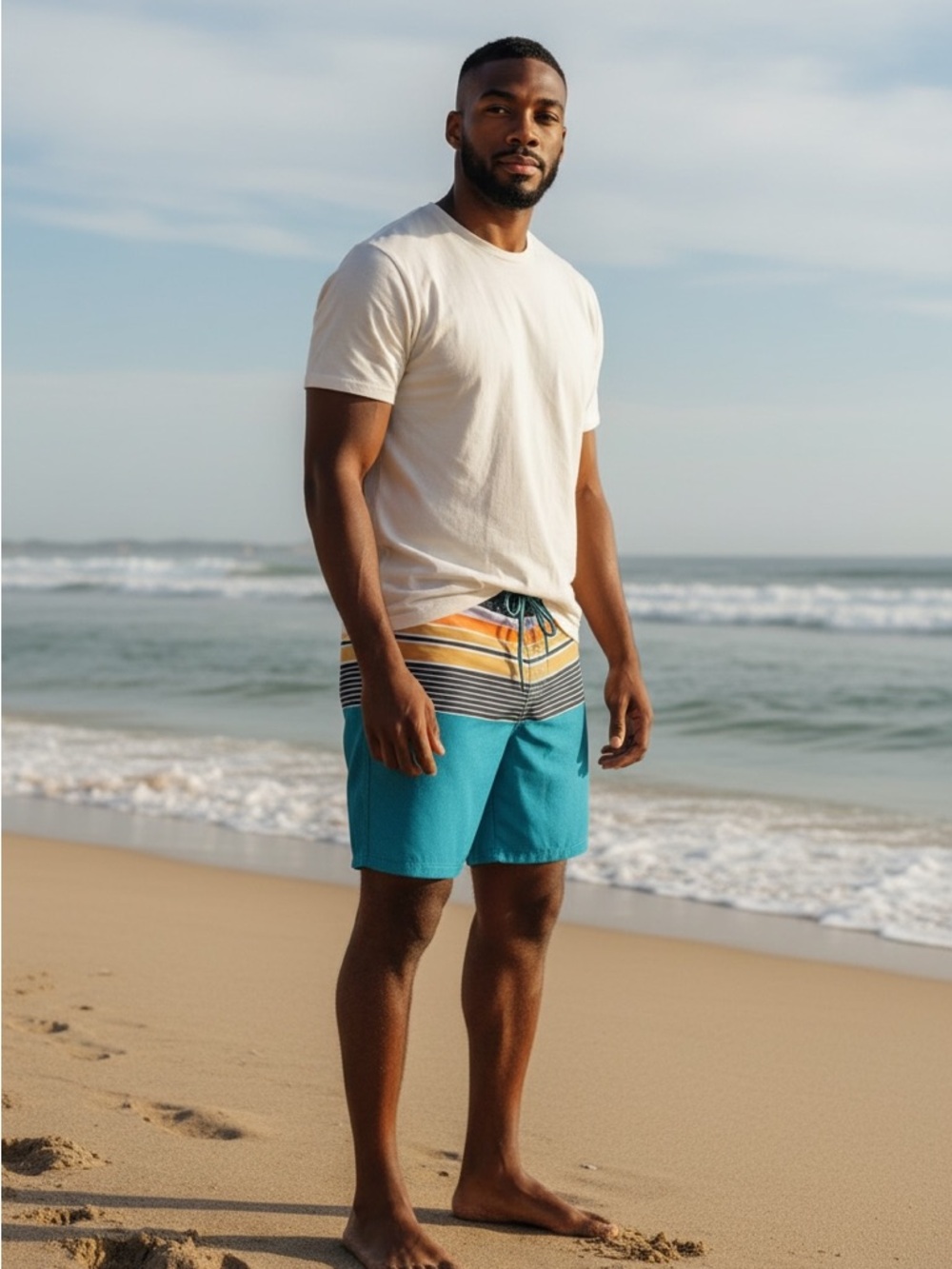 George Teal and Orange Striped Men's E-Board Swim Trunks- Size M